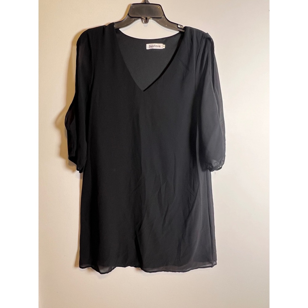 Jusfitsu Black V Neck Sheer Open Sleeve Shift Dress Women's‎ M